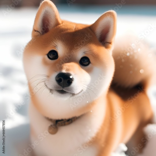Cute Shiba inu dog in the snow, winter background