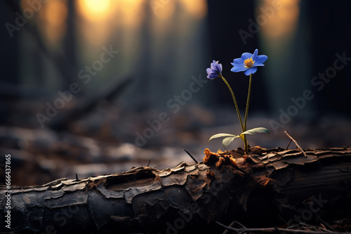Dead tree in the forest grown a beautiful flower with blue color