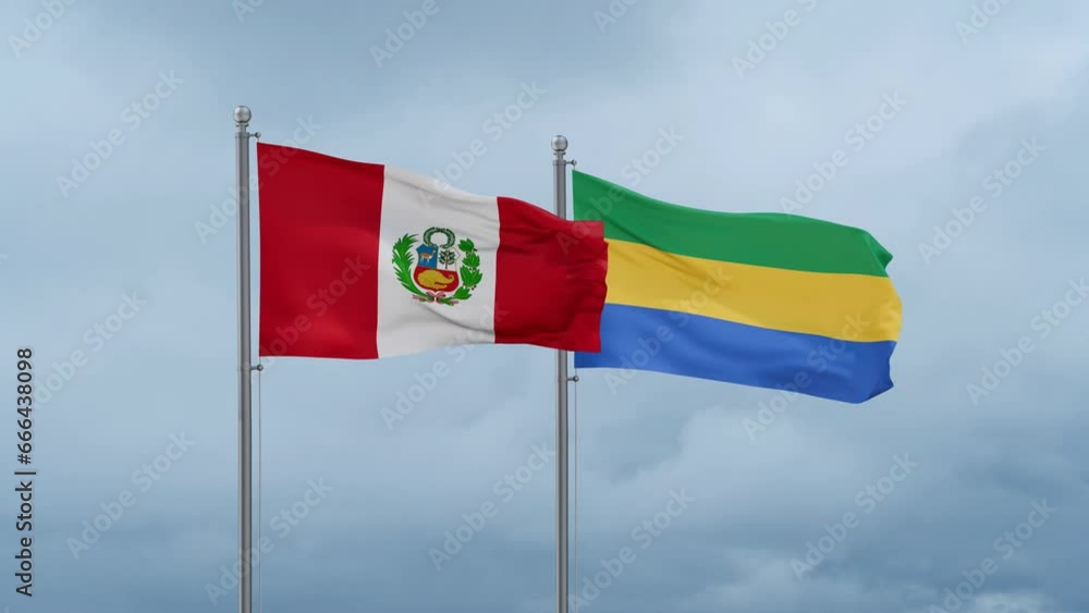 Gabon flag and Peru flag waving together on cloudy sky, endless seamless loop, two country relations concept Gabon flag and Peru flag waving together on cloudy sky, endless seamless loop, two country relations concept