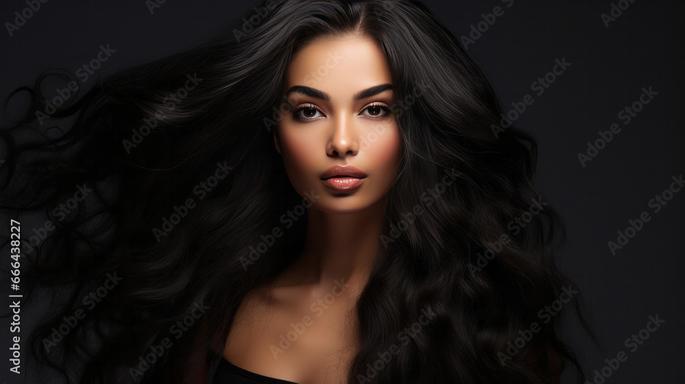 Portrait of young african woman with long wavy hair. Hair care, make-up and hair health