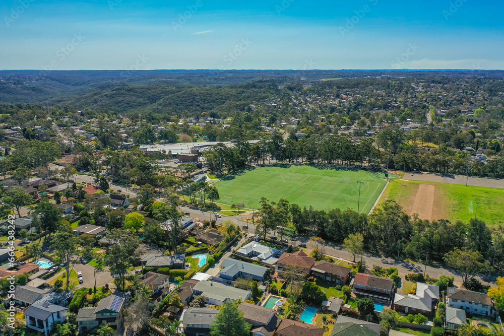 Panoramic drone aerial photo of a residential area in the Northern Beaches in Sydney