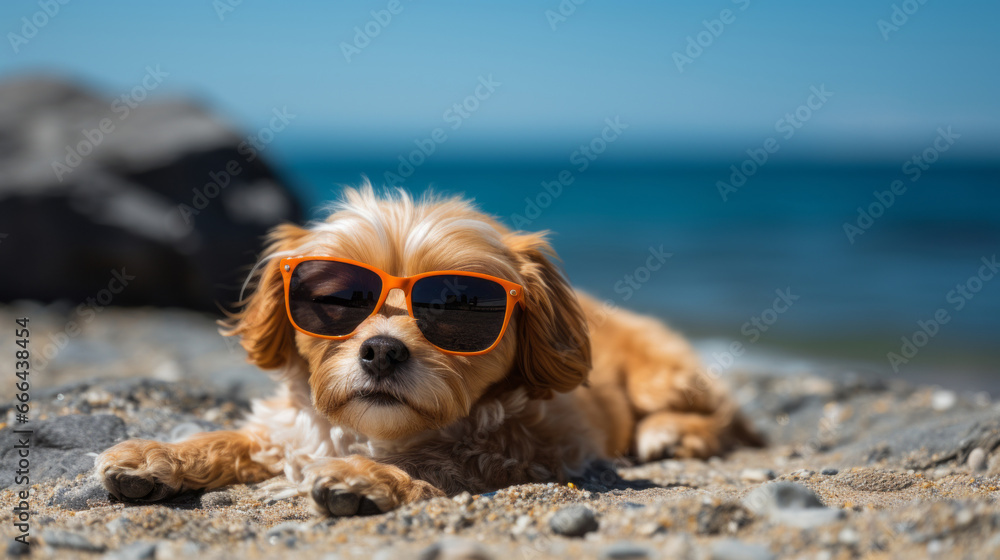 Dog in sunglasses lies and rests on the seashore