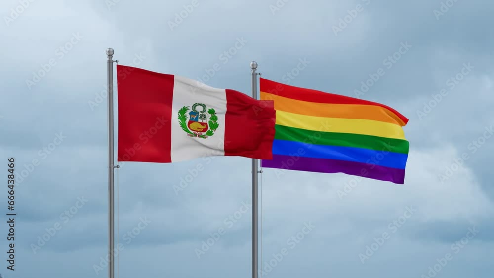 LGBT movement flag also Gay Pride and Peru flag waving in the wind cycle looped video, tolerance conception in country LGBT movement flag also Gay Pride and Peru flag waving in the wind cycle looped video, tolerance conception in country