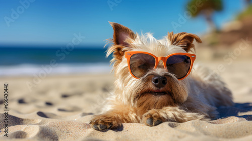 Dog in sunglasses lies and rests on the seashore © standret