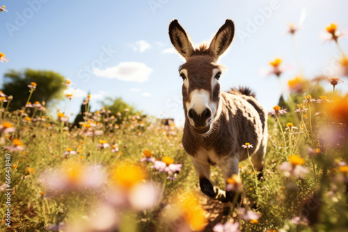 Donkey jumping in the field of flowers