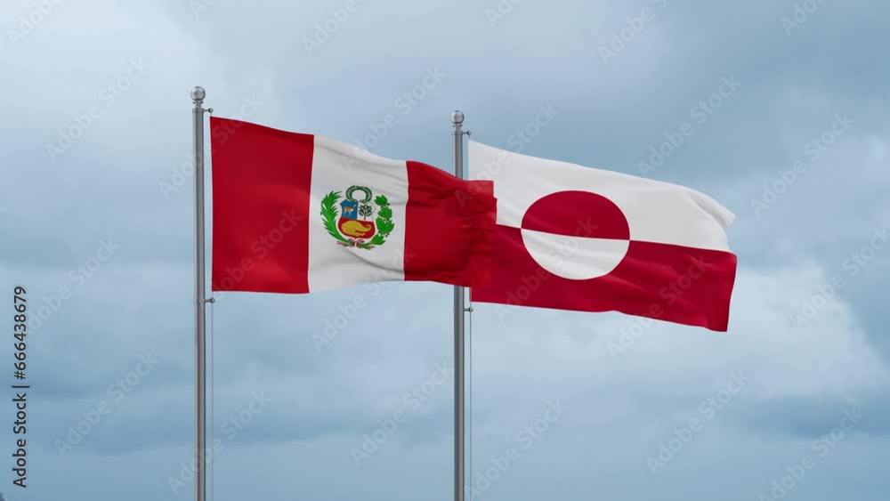 Greenland flag and Peru flag waving together on cloudy sky, endless seamless loop, two country relations concept Greenland flag and Peru flag waving together on cloudy sky, endless seamless loop, two country relations concept