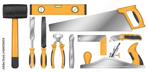 Construction tools set, file, chisel, saw, mallet, level, square metric, end nipper, jack plane, utility knife. Realistic hardware for repair and renovation, isolated vector illustration.