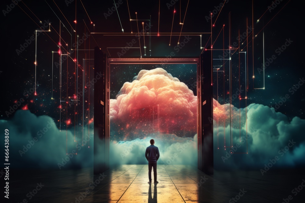 Businessman Embracing Innovation: Stepping into the Cloud - obrazy, fototapety, plakaty 