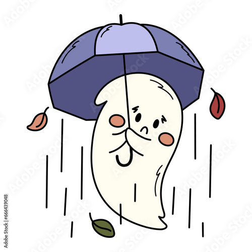 Cute sad ghost with an umbrella in the rain. Spooky Halloween hand drawn illustration. Clipart for greeting cards, stickers and party decorations.