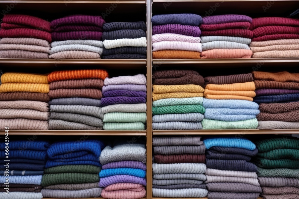 stack of finished sweaters on a warehouse shelf stack of finished sweaters on a warehouse shelf