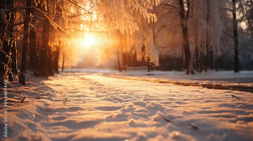 Golden sunbeams casting warm glows on the snowy ground
Golden sunbeams casting warm glows on the snowy ground