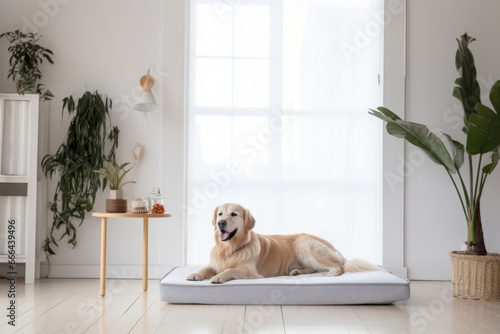Golden retriever lying on a pure white flat mattress in the home at daytime, plant in the pot