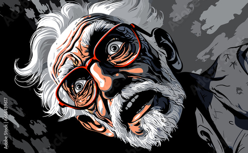 Graphic portrait of old man suffering from dementia and alzheimer