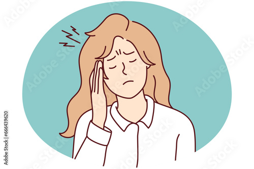 Unhappy young woman suffer from migraine or headache. Unhealthy girl struggle with head spasm having health problems. Medicine and healthcare. Vector illustration.