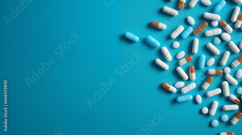 the photograph shows tablets and capsules on a blue background
