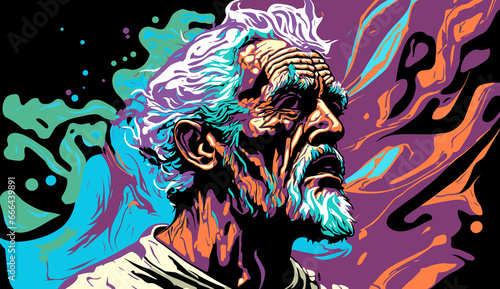 Graphic portrait of old man suffering from dementia and alzheimer