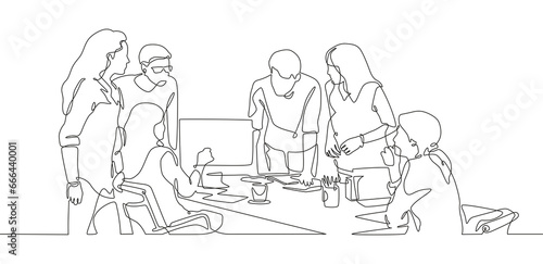 Continuous one line drawing young professionals are discussing team projects on the table