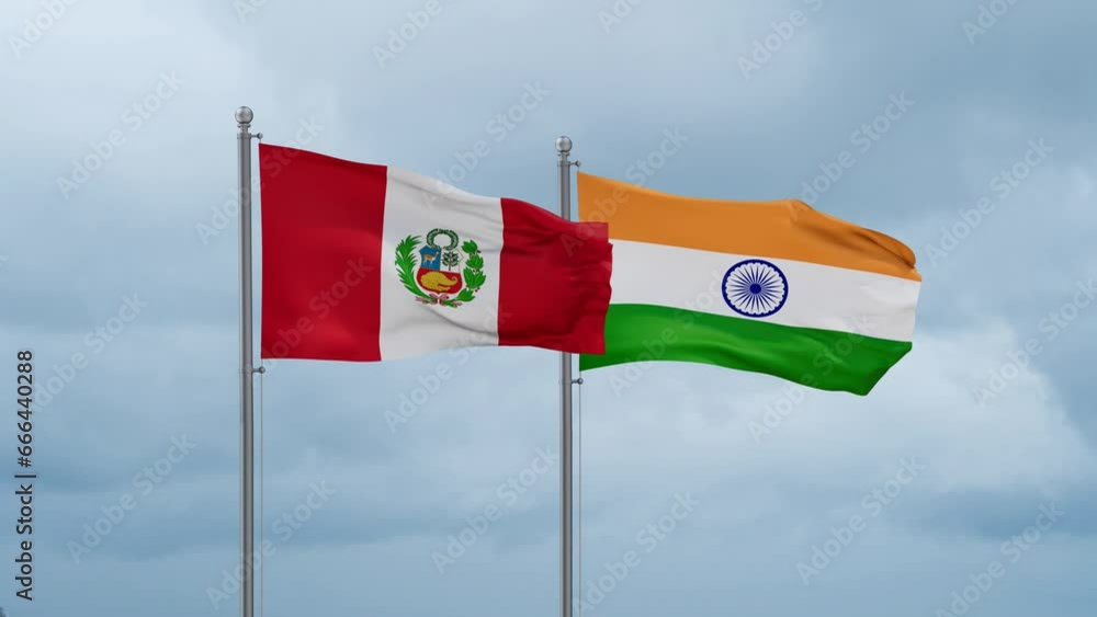 India flag and Peru flag waving together on cloudy sky, endless seamless loop, two country relations concept India flag and Peru flag waving together on cloudy sky, endless seamless loop, two country relations concept