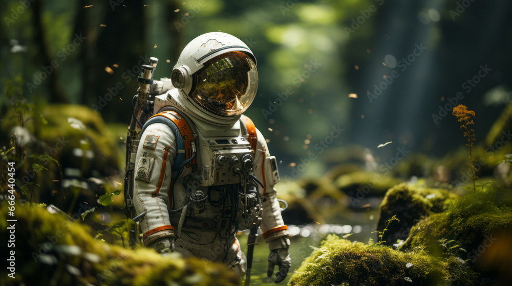Photo of astronaut in space suit that is in the green forest Photo of astronaut in space suit that is in the green forest