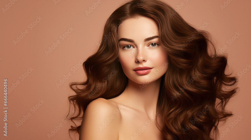Portrait of young brunette woman with long wavy hair. Hair care, make-up and hair health Portrait of young brunette woman with long wavy hair. Hair care, make-up and hair health
