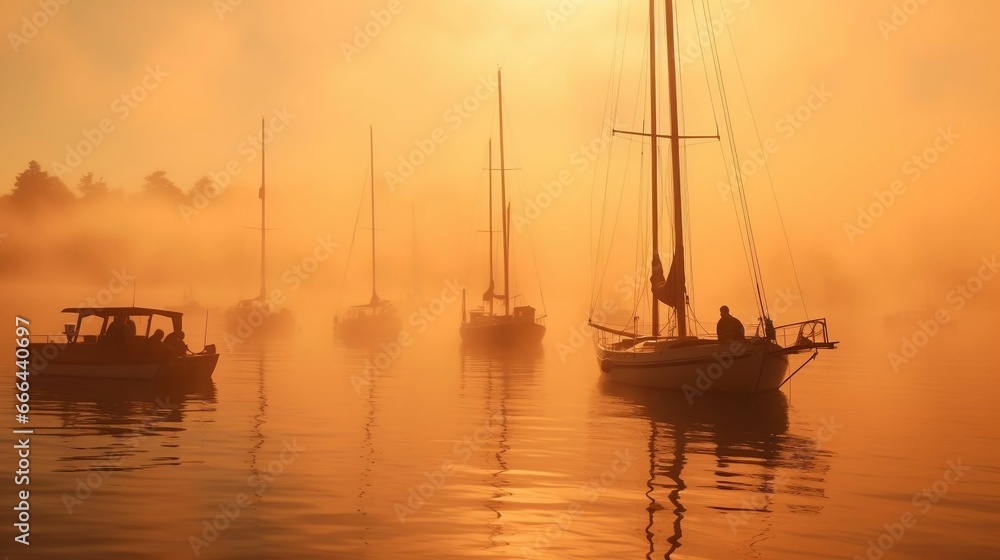 Silhouettes of boats emerging from the misty harbor
