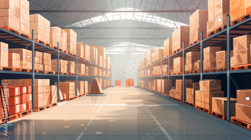 Digital art. Large warehouse with numerous items in the row of boxes
