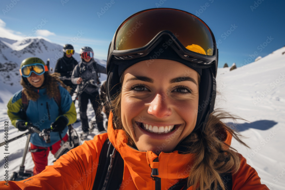Selfie of mountain hikers that are in the professional equipment, in the snow Selfie of mountain hikers that are in the professional equipment, in the snow