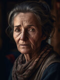 Portrait of an old woman in a dark room.