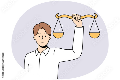 Man holding scales in hands showing balance. Male with weighs demonstrate justice and law. Human rights concept. Vector illustration.