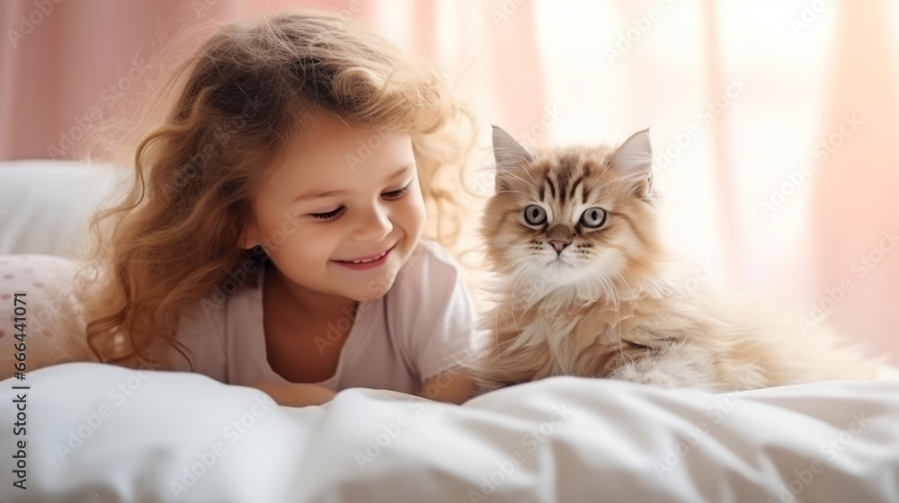 Little girl is relaxing on the bed with her kitten Little girl is relaxing on the bed with her kitten