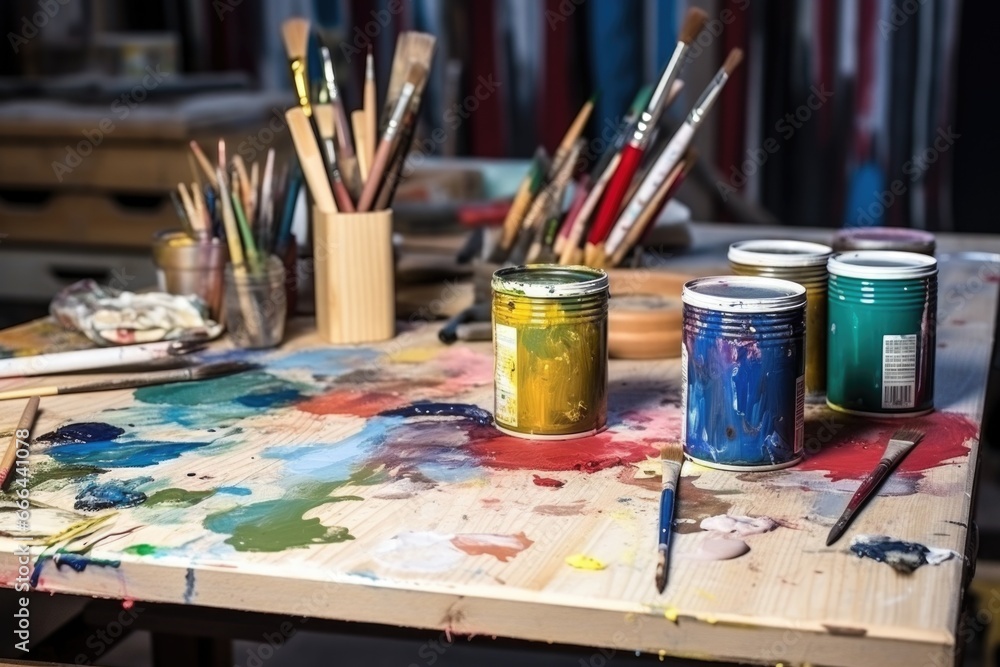 Fototapeta premium unfinished wood pieces, paintbrushes, cans of paint on a table