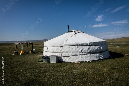 View of a Jurt from Nomads campground in the Gobi Desert of Mongolia. photo
