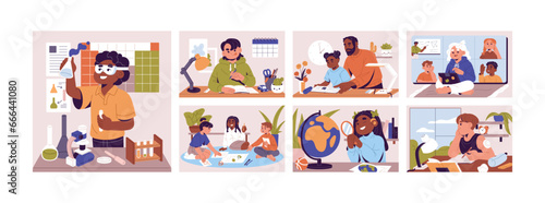 Children do homework set. Kid team work on school project. Pupils study, learning by video call. Boy do science experiment. Girl research globe by magnifier. Online education. Flat vector illustration