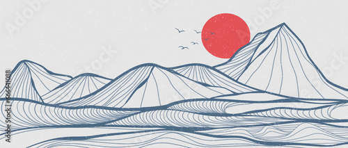 Mountain line art landscape illustration. Creative minimalist modern line art pattern. Abstract contemporary aesthetic backgrounds landscapes. with Mountain, hill and ocean wave