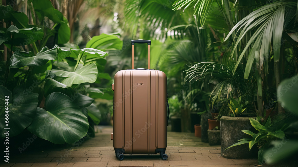 Fototapeta premium Luggage suitcase stands against green exotic leaves and plants