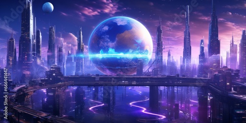 Futuristic Cyberworld with Cyborgs and Planetary Cityscape