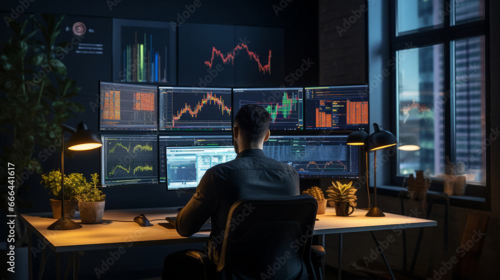 Male trader at work on a computer with multiple screens Male trader at work on a computer with multiple screens