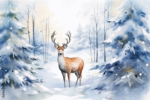 deer in winter forest landscape watercolor design © krissikunterbunt