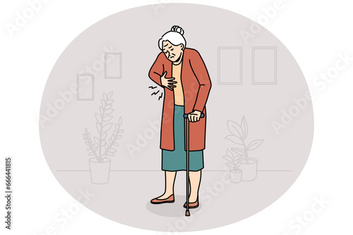 Unhealthy elderly woman touch heart suffer from pain. Unwell mature grandmother struggle with cardiac arrest or infarction. Healthcare concept. Vector illustration.