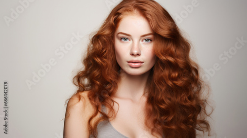 Portrait of young woman with long wavy ginger hair. Hair care, make-up and hair health