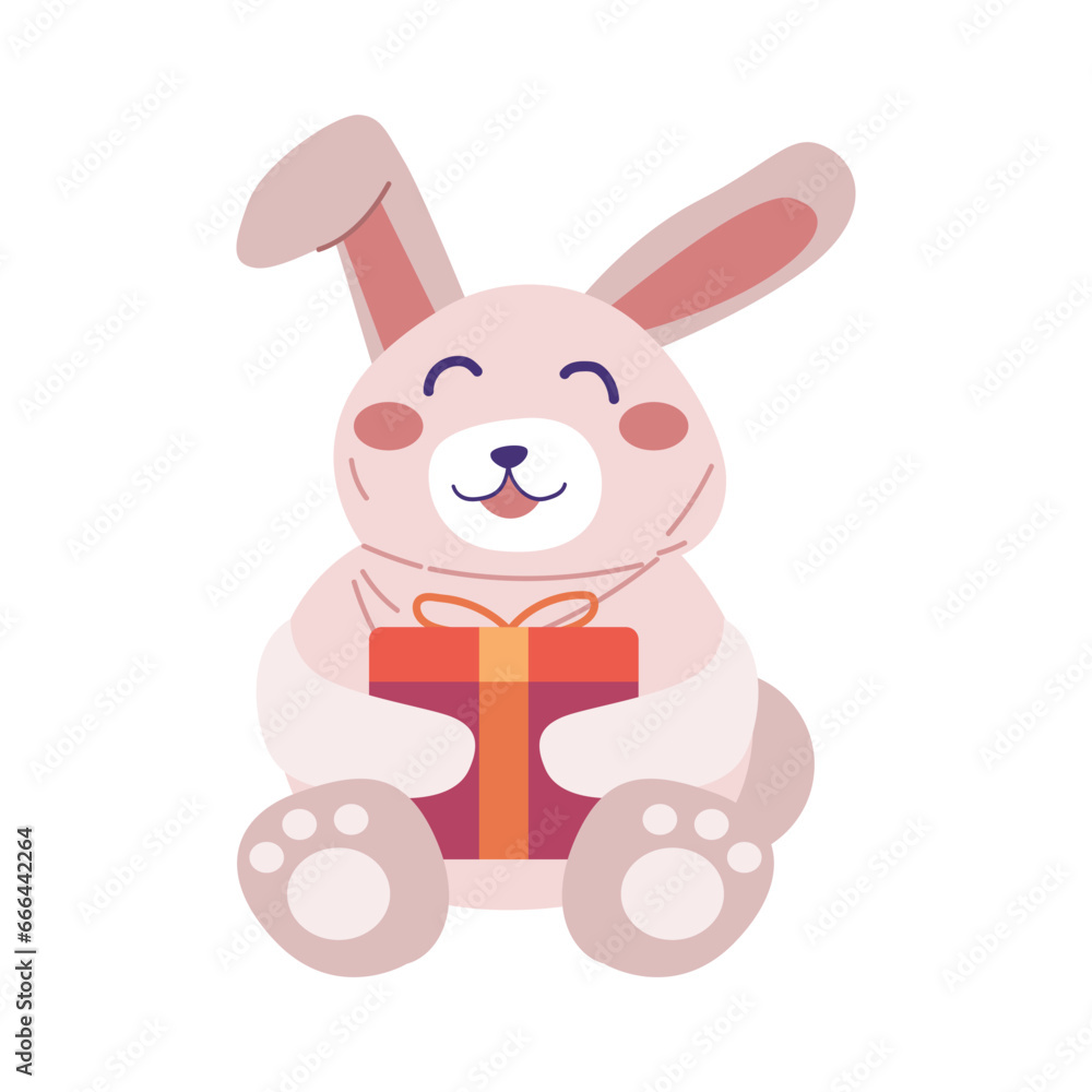happy smile rabbit sitting and holding gift box present vector animal illustration design