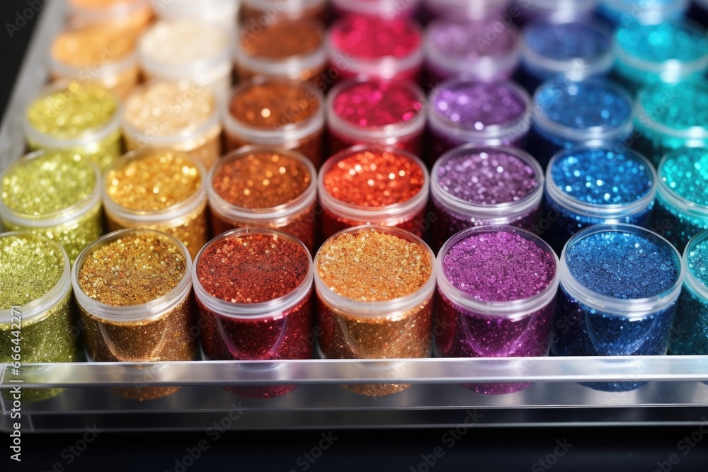 spectrum of crafting glitters arranged in a row within a desk organizer spectrum of crafting glitters arranged in a row within a desk organizer