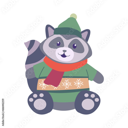 stylish cute raccoon wearing sweater shirt scarf and winter hat vector character illustration design