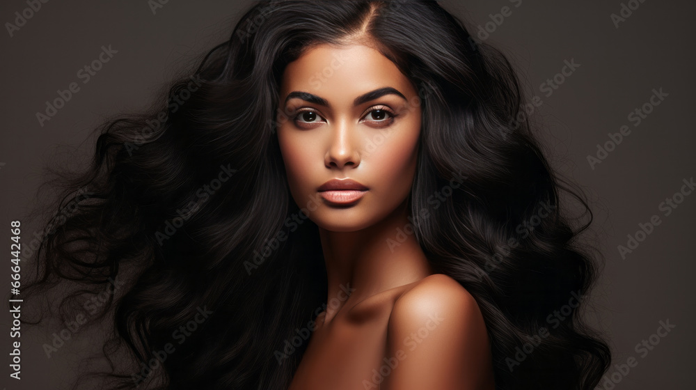 Portrait of young african woman with long wavy hair. Hair care, make-up and hair health