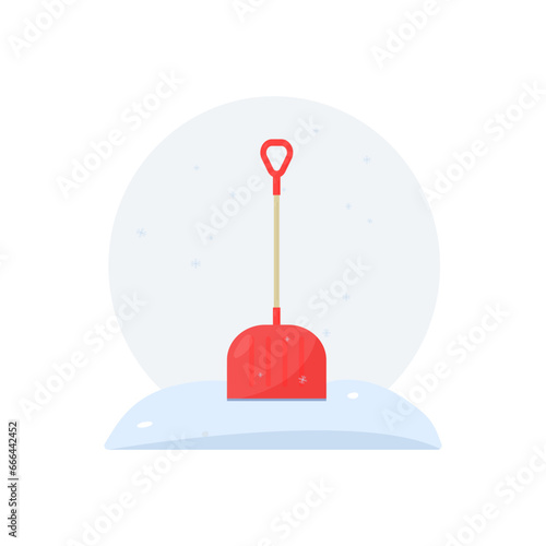 Snow shovel, from a snowdrift. Snow removal concept, winter cleaning. For the Internet, social networks, banner design. Vector illustration in flat style.