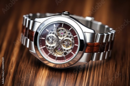 single, shiny, polished watch casing on a dark wooden table