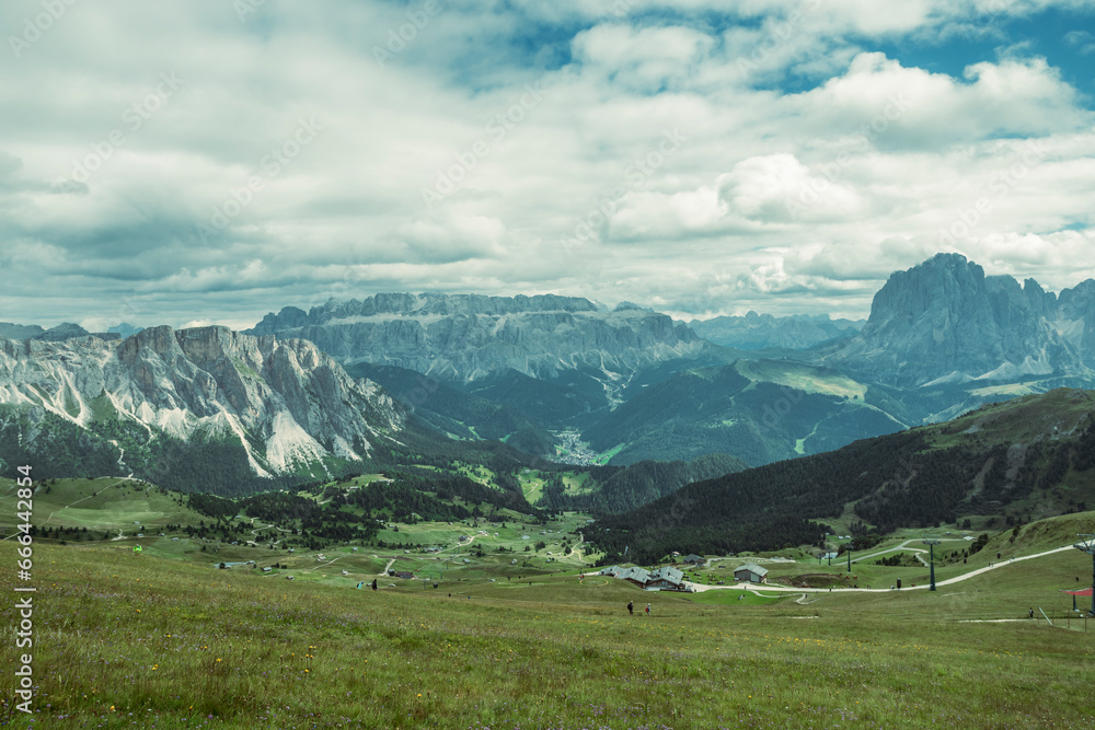 View of Passo Gardena mountain landscape on the Dolomites mountains, Val Gardena, South Tyrol, Trentino, Italy. View of Passo Gardena mountain landscape on the Dolomites mountains, Val Gardena, South Tyrol, Trentino, Italy.