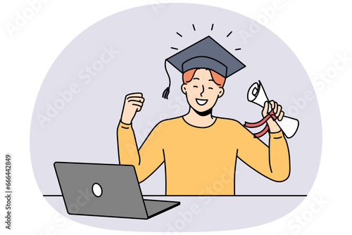 Overjoyed young man in hat hold diploma in hands celebrate graduation studying online. Smiling male graduate excited about university finish. Remote education. Vector illustration.