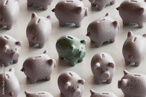 Green piggy bank with many piggy banks over white background photo