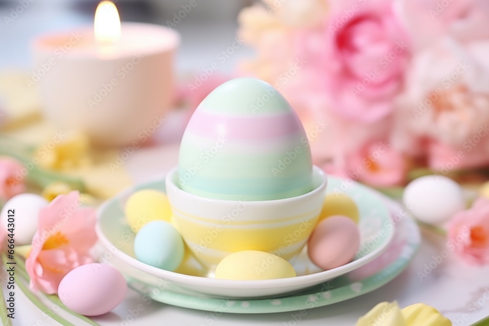 close-up of a pastel easter egg candle in a saucer close-up of a pastel easter egg candle in a saucer